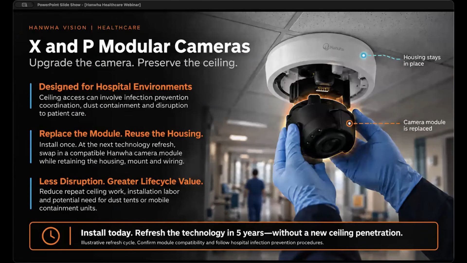 X and P modular camera slide showing a gloved hand swapping the camera module while the housing stays in the ceiling