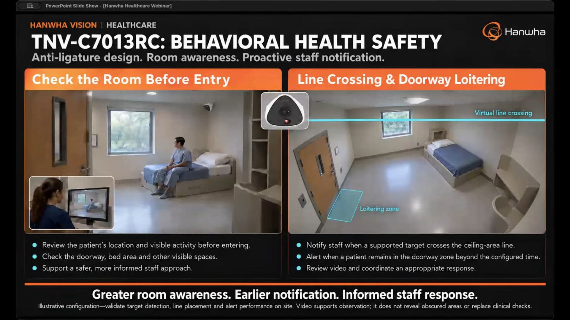 TNV-C7013RC behavioral health slide showing the check-the-room-before-entry workflow and virtual line crossing zones