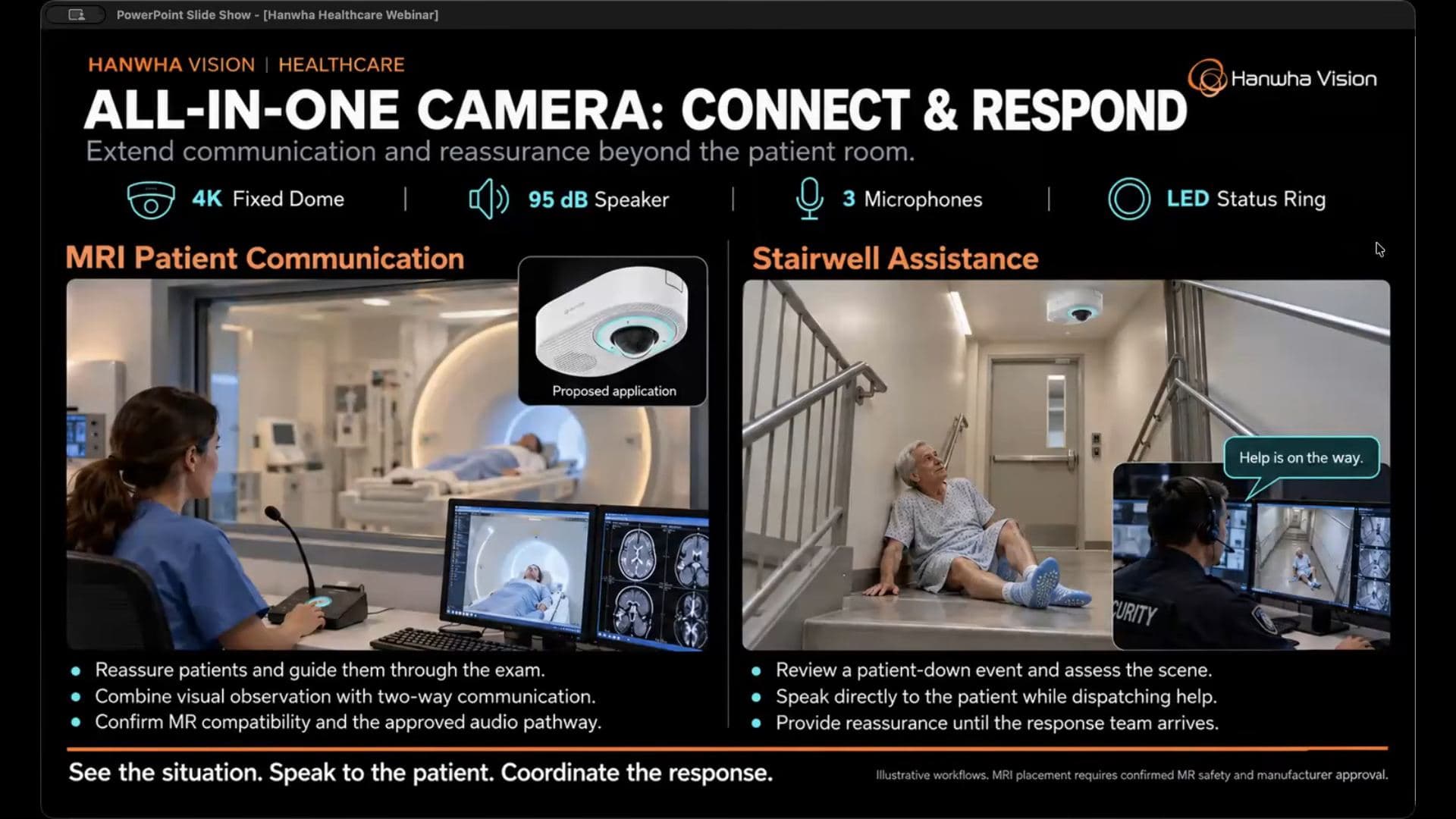 All-in-one camera slide showing MRI patient communication and stairwell assistance with a help is on the way response