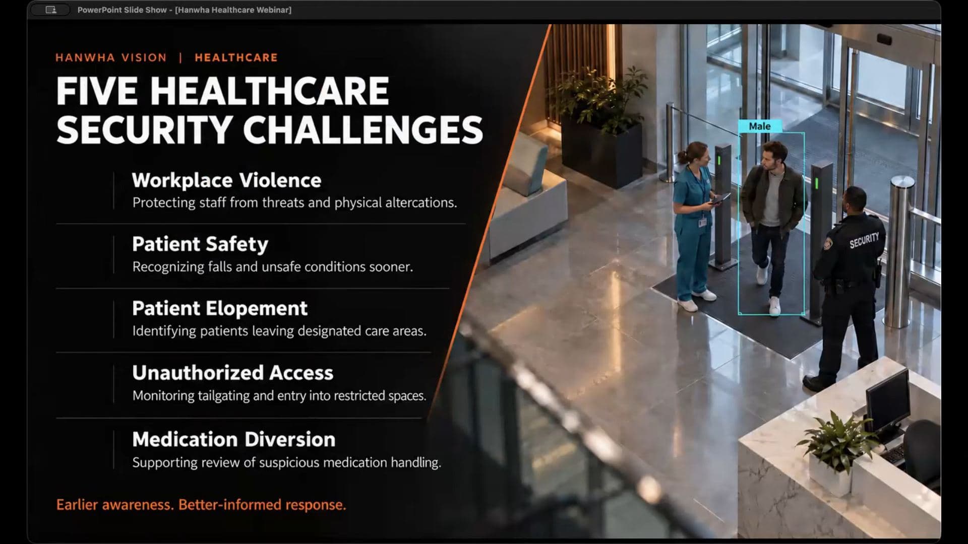 The five healthcare security challenges slide: workplace violence, patient safety, patient elopement, unauthorized access, medication diversion