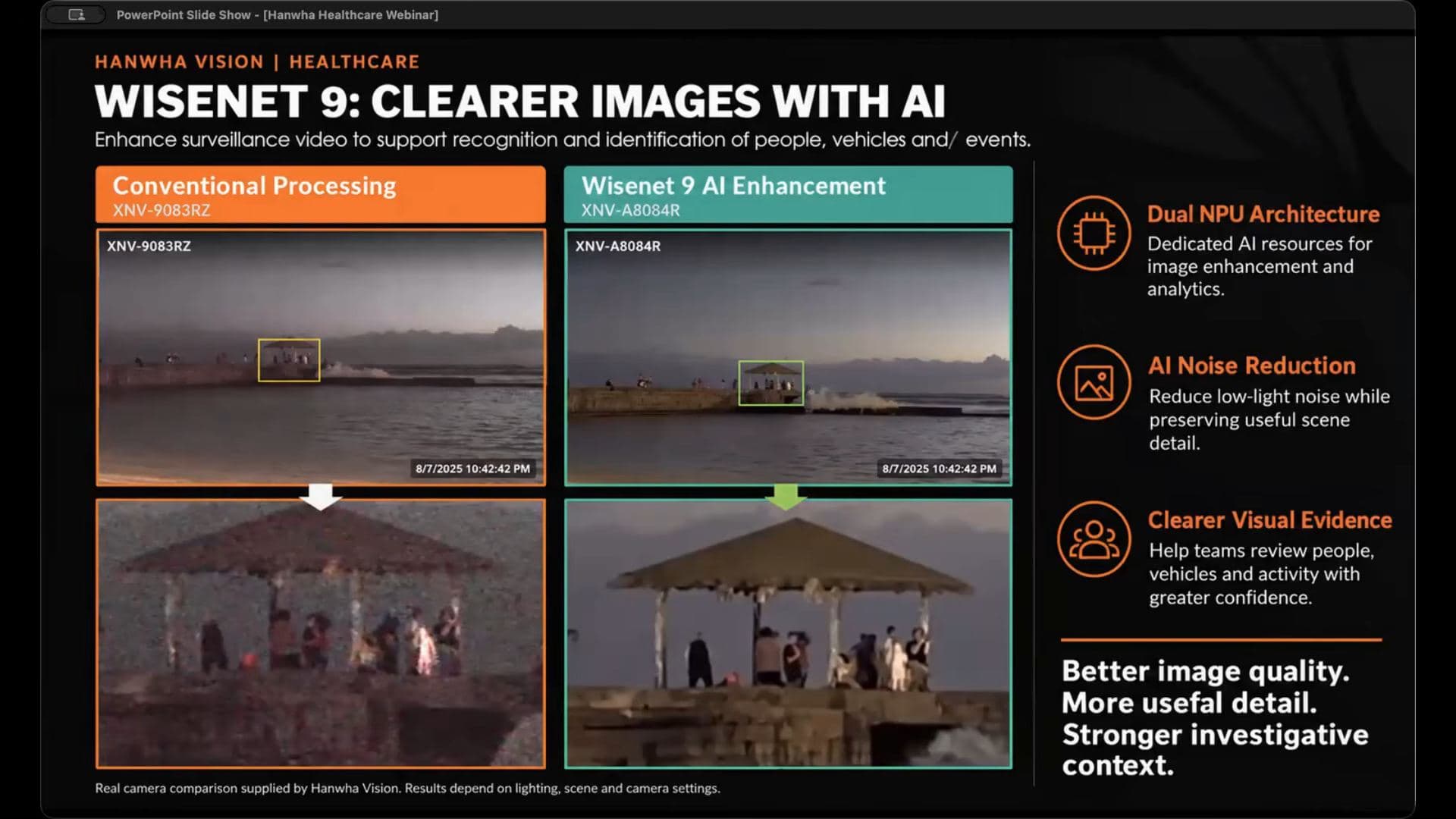 Side-by-side image quality comparison: conventional processing on an XNV-6081R versus Wisenet 9 AI enhancement on an XNV-A8084R