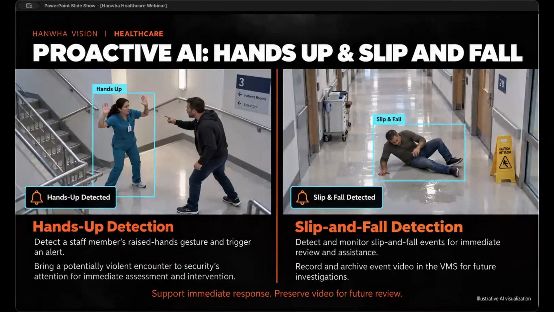 Proactive AI slide showing hands-up detection in a stairwell and slip-and-fall detection with a wet floor sign
