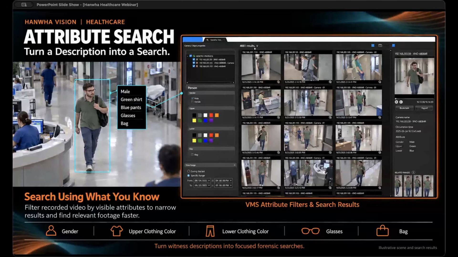 Attribute Search slide showing a witness description callout next to a VMS attribute filter panel and search results grid