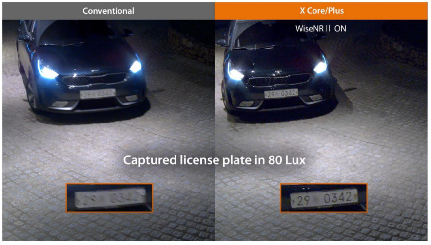 AI-based noise reduction cleaning grain from a low-light frame while preserving detail