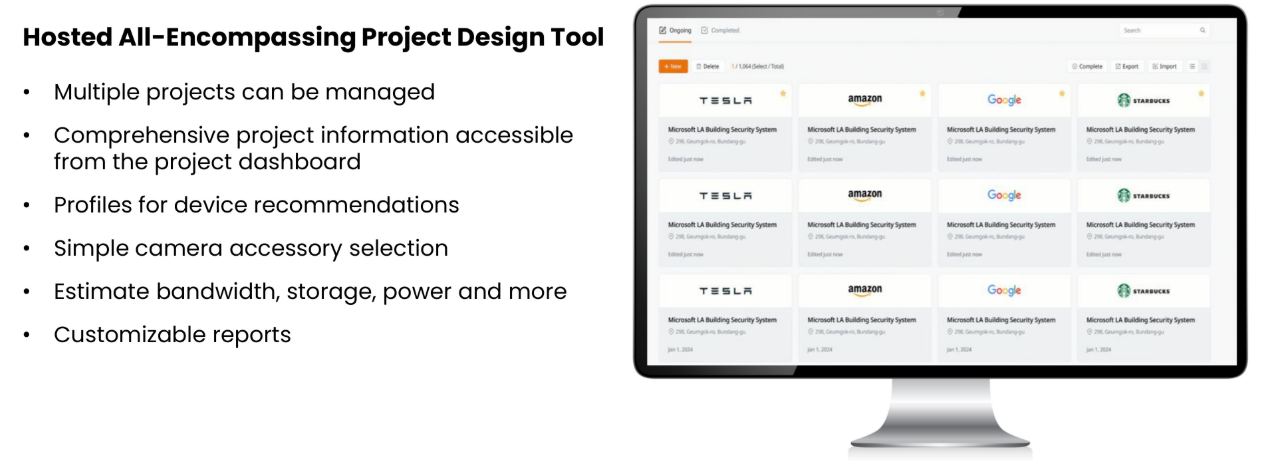 Hanwha DesignPro web design tool with 3D field-of-view simulation and system calculations