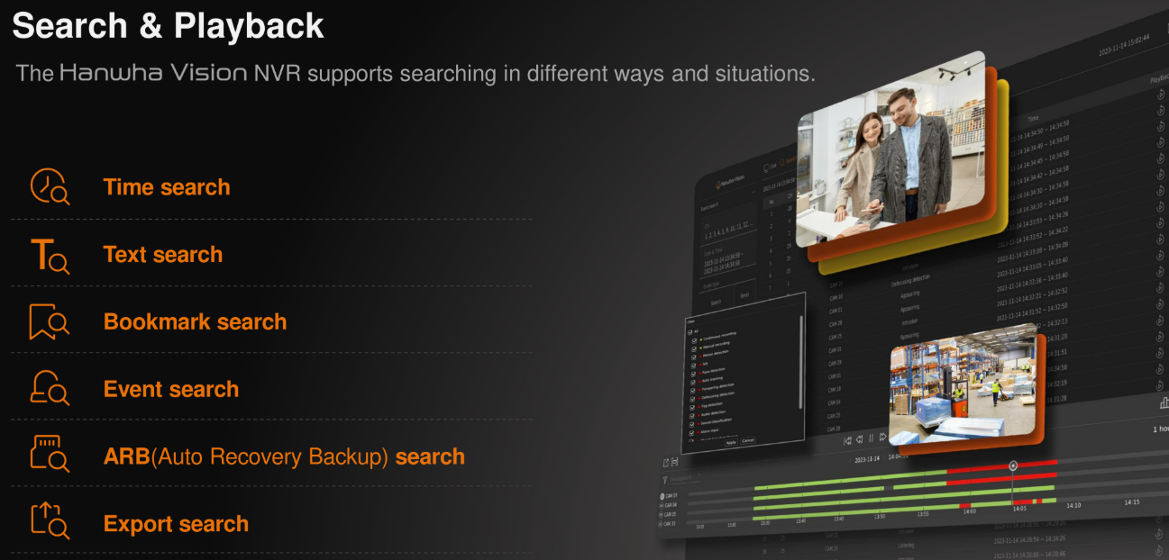Search and playback view with date picker, event list and preview player