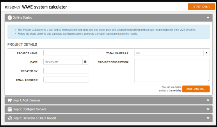 WAVE system calculator computing storage and bandwidth requirements for a planned camera system