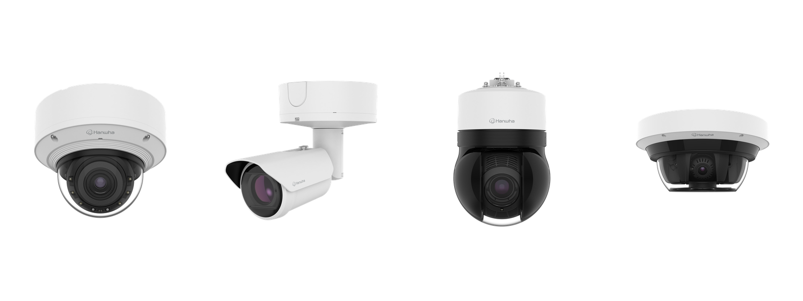 Hanwha Vision security camera lineup including dome, bullet, PTZ and multi-sensor cameras