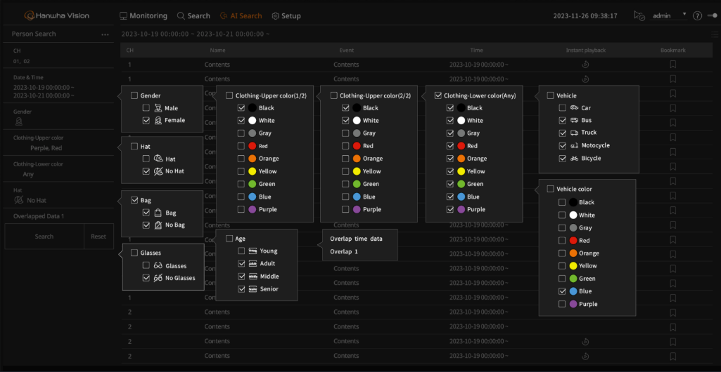 Wisenet WAVE AI object search panel filtering detections by type and attributes
