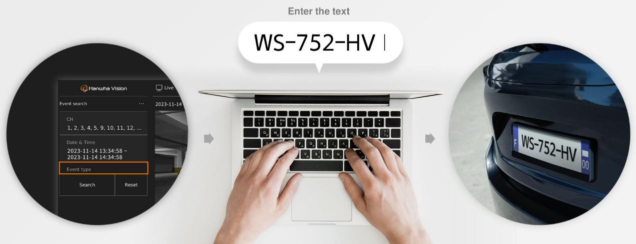 Wisenet WAVE license plate search showing a detected plate saved as both an image and searchable text