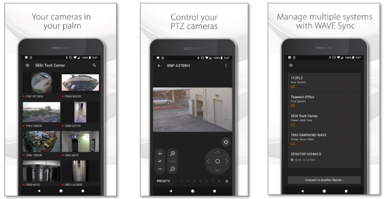 Wisenet WAVE mobile app showing live camera grid, notifications and PTZ controls on a phone
