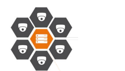 Wisenet WAVE system diagram: a cluster of camera hexagons managed by a central server