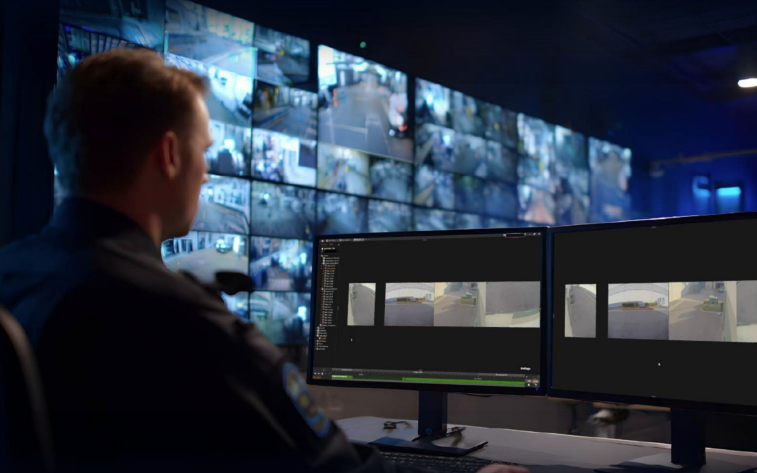Wisenet WAVE video wall showing a multi-monitor wall of live camera feeds