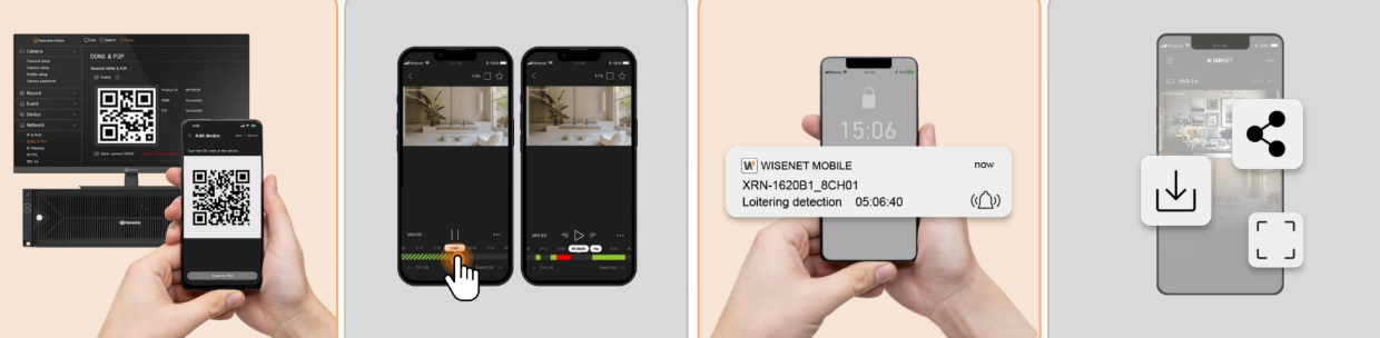 Wisenet mobile app features shown in four sections: live view, alerts, playback and control