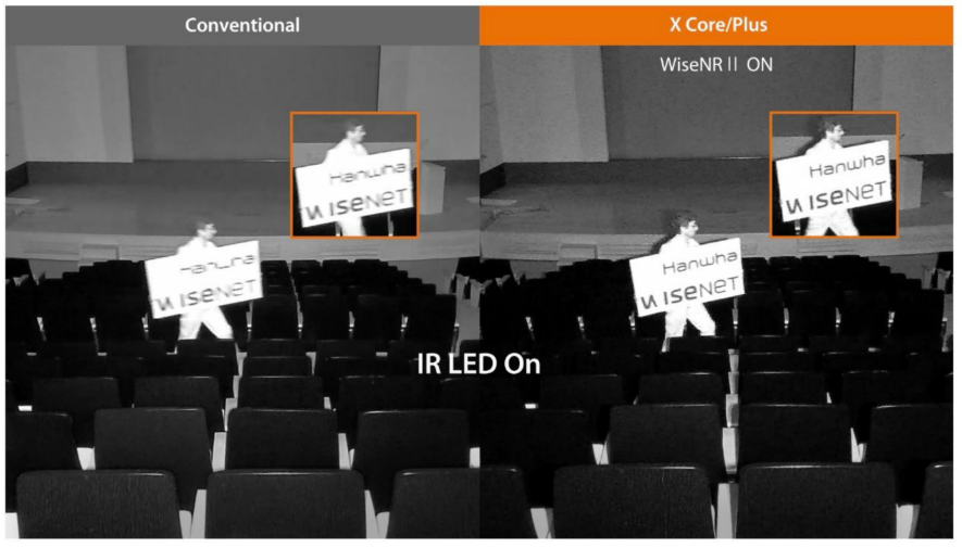 WiseNRII example comparing noisy low-light footage with the AI denoised result